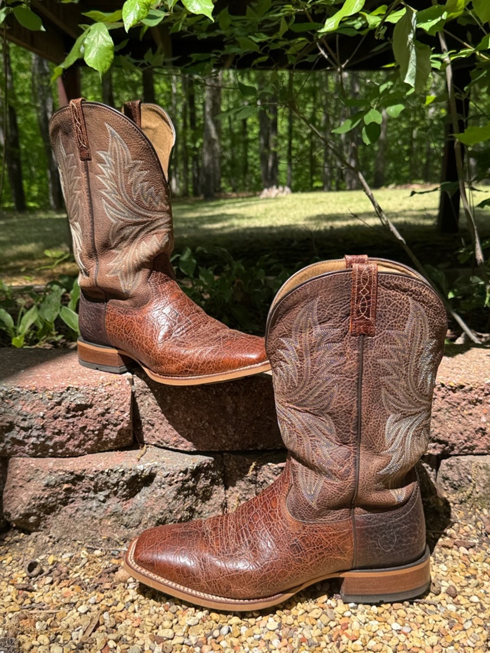 Ariat Brown Leather Western Cowboy Square Toe Boots Embroidered Shaft sz 13EE